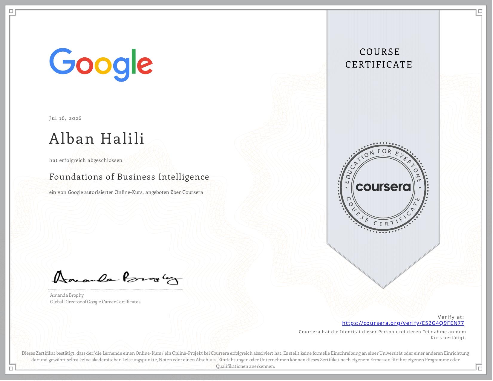 Foundations of Business Intelligence – Zertifikat