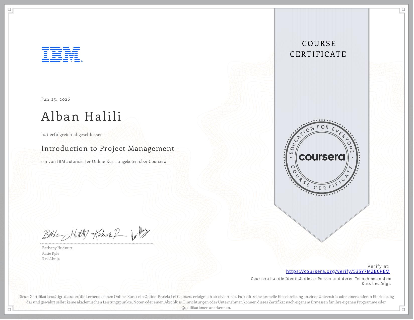 Introduction to Project Management – Zertifikat