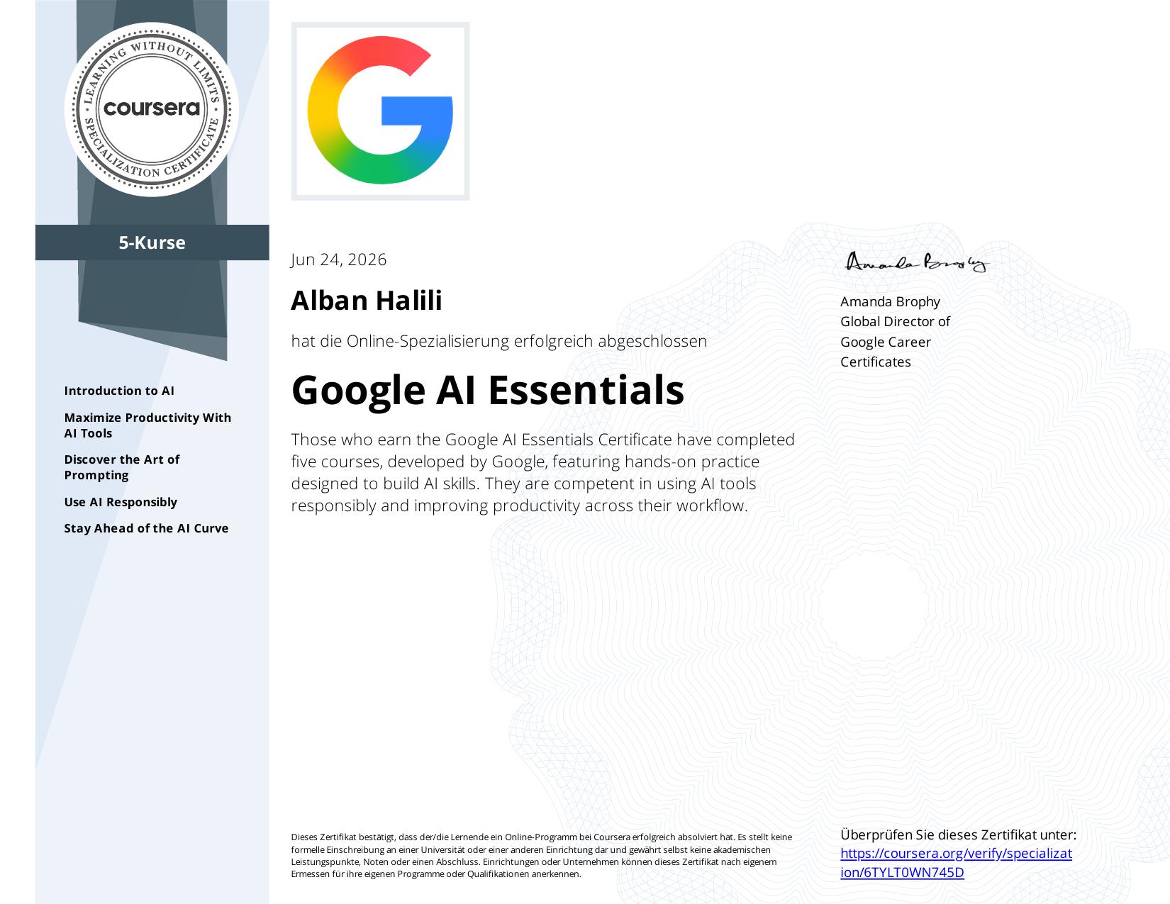 Google AI Essentials (Spezialisierung, 5 Kurse) – Zertifikat