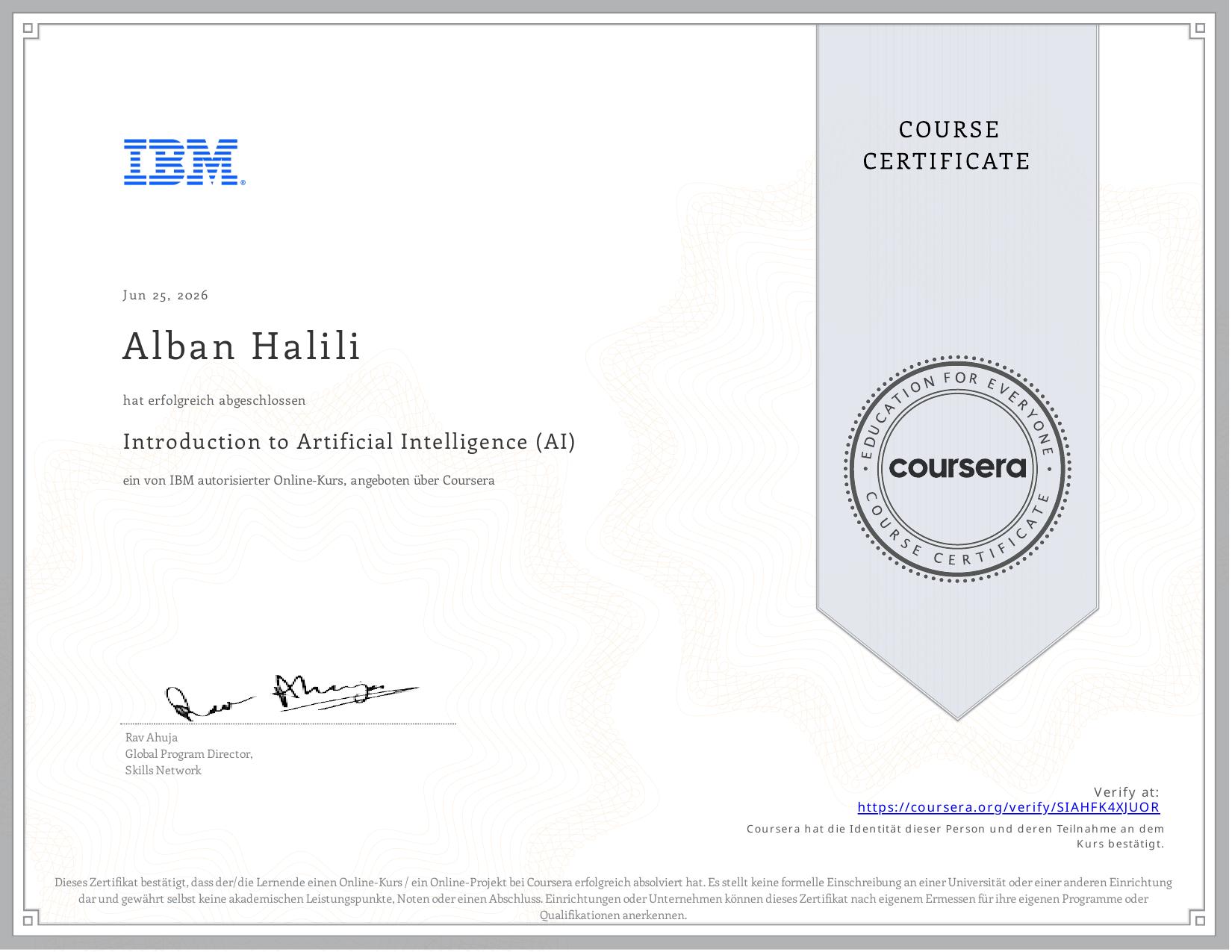 Introduction to Artificial Intelligence (AI) – Zertifikat