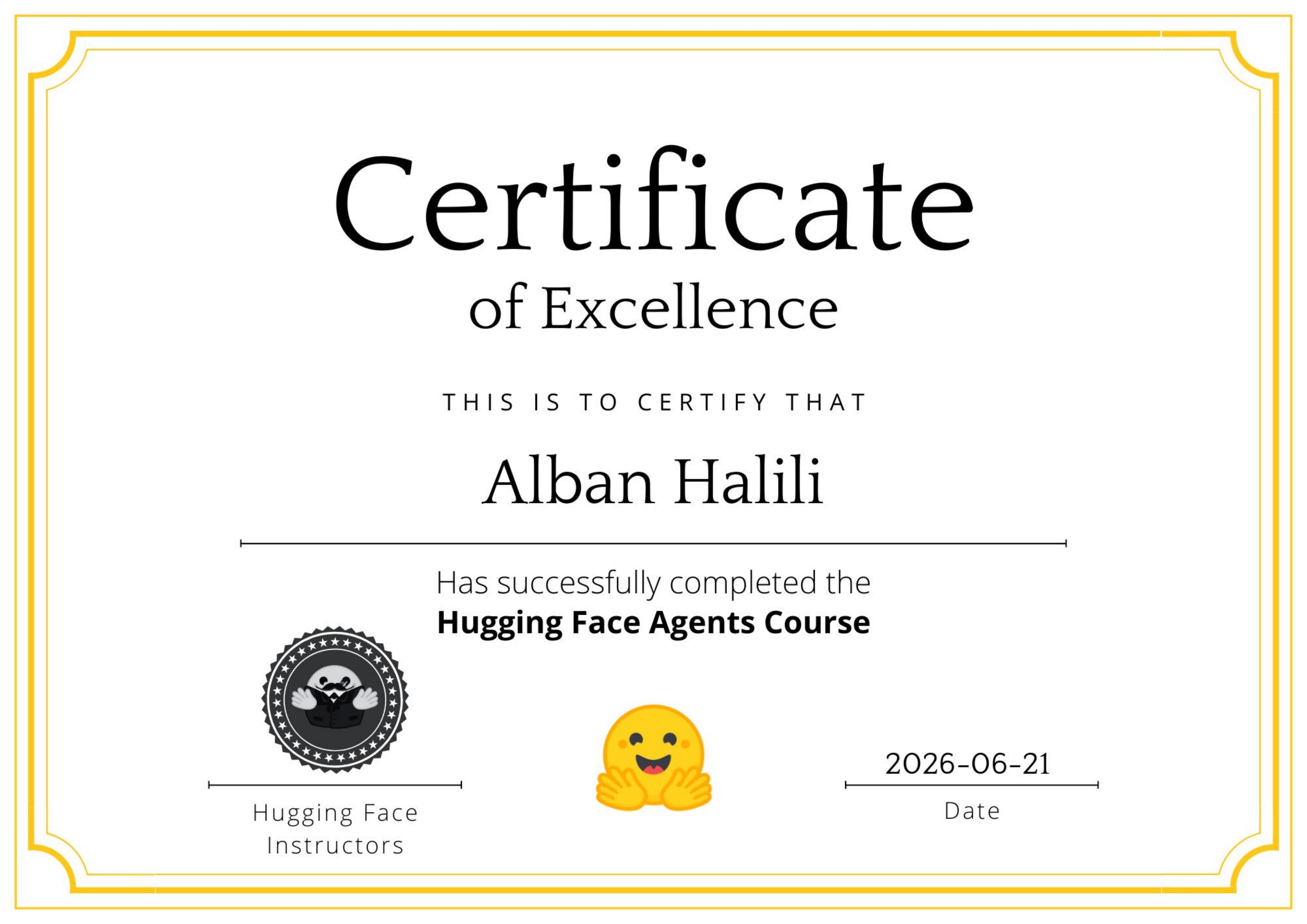 Hugging Face Agents Course – Zertifikat